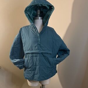 Quilted Hooded Pullover Jacket Teal green